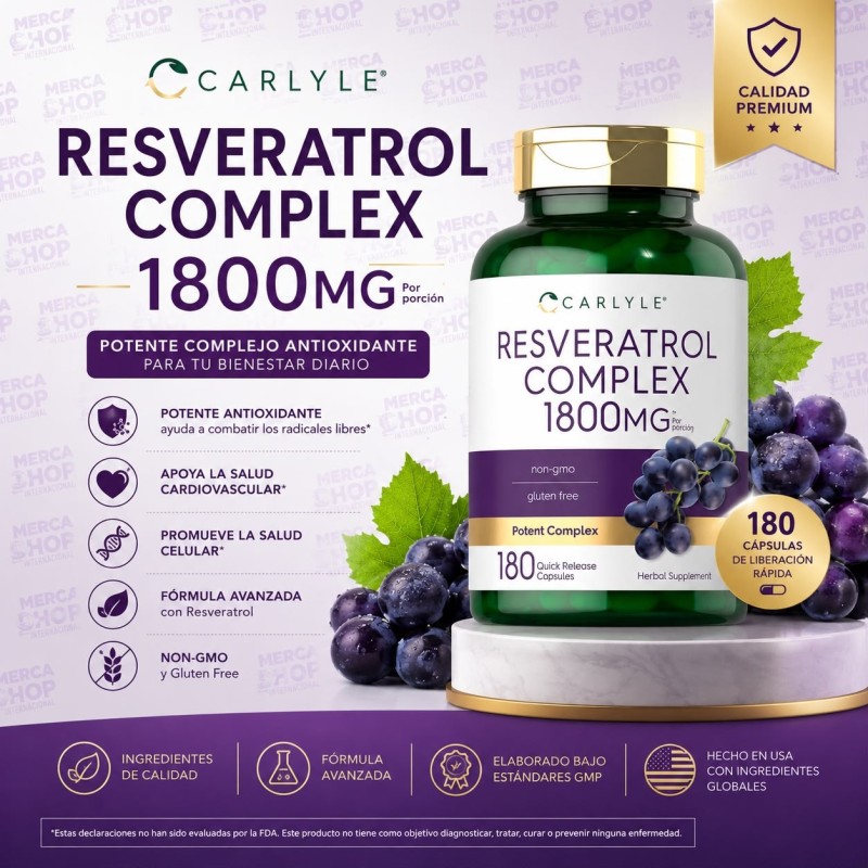 Suplemento de resveratrol 1800 mg | 180 cápsulas | Sin OMG y sin gluten | Complejo potente
