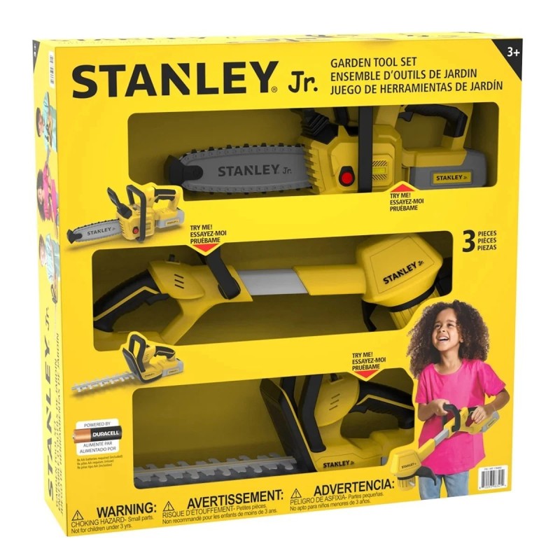 Nuevo juego de herramientas de jardinería Stanley Jr. (modelo SGH055-SY): motosierra, cortasetos y cortabordes.