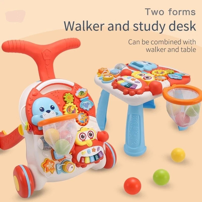 Andador 2 en 1 para sentarse y ponerse de pie, andador de empuje para bebés con mesa de juegos musical