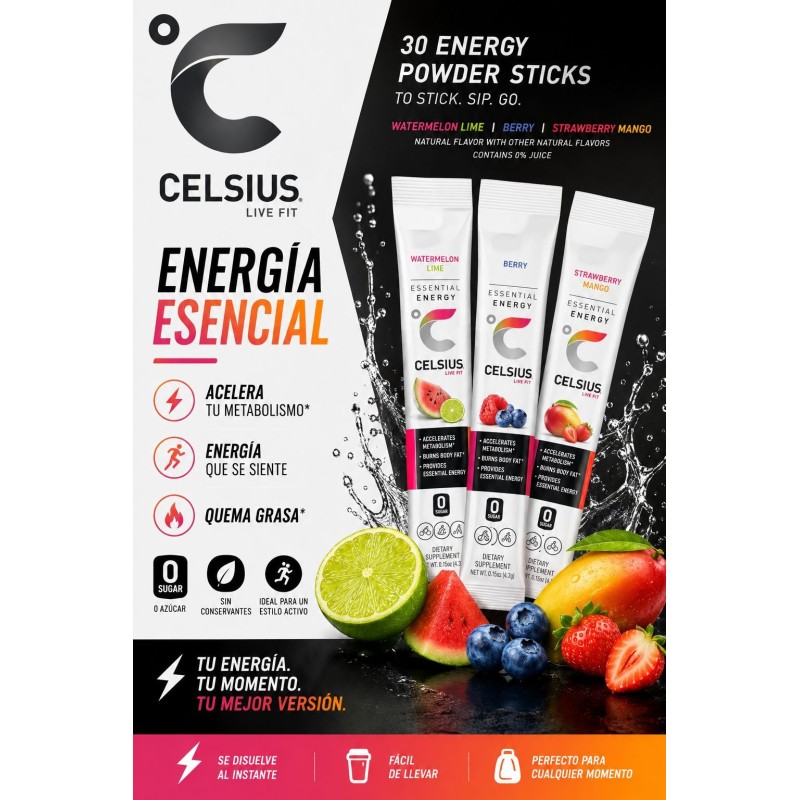 Celsius Essential Energy Sobres de Polvo de Energía para Llevar, Variedad (30 Unidades)