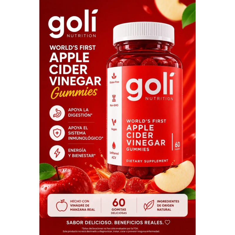 Goli Vitaminas Gomosas de Vinagre de Sidra de Manzana - 60 Unidades - Vitamina B12, Sin Gelatina, Sin Gluten, Veganas y Sin OGM