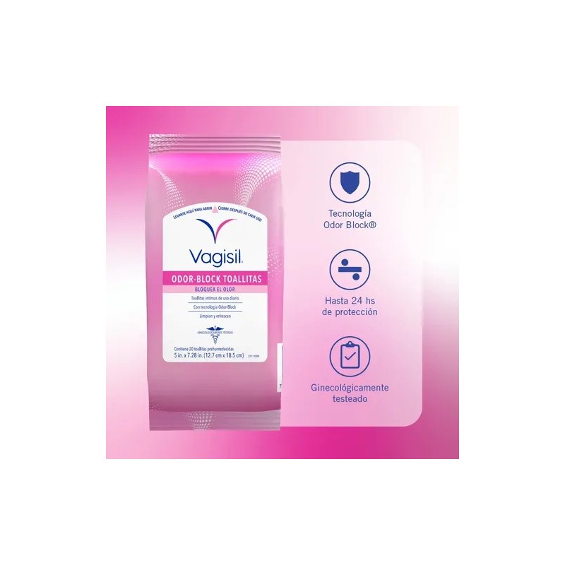 Vagisil, Toallitas Refrescantes Diarias Odor Block®, 20 Toallitas Suaves Desechables