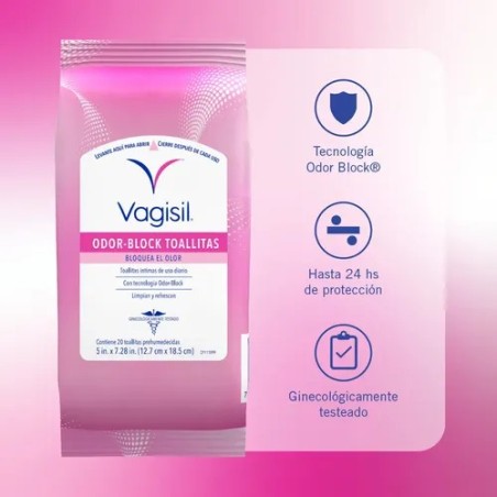 Vagisil, Toallitas Refrescantes Diarias Odor Block®, 20 Toallitas Suaves Desechables